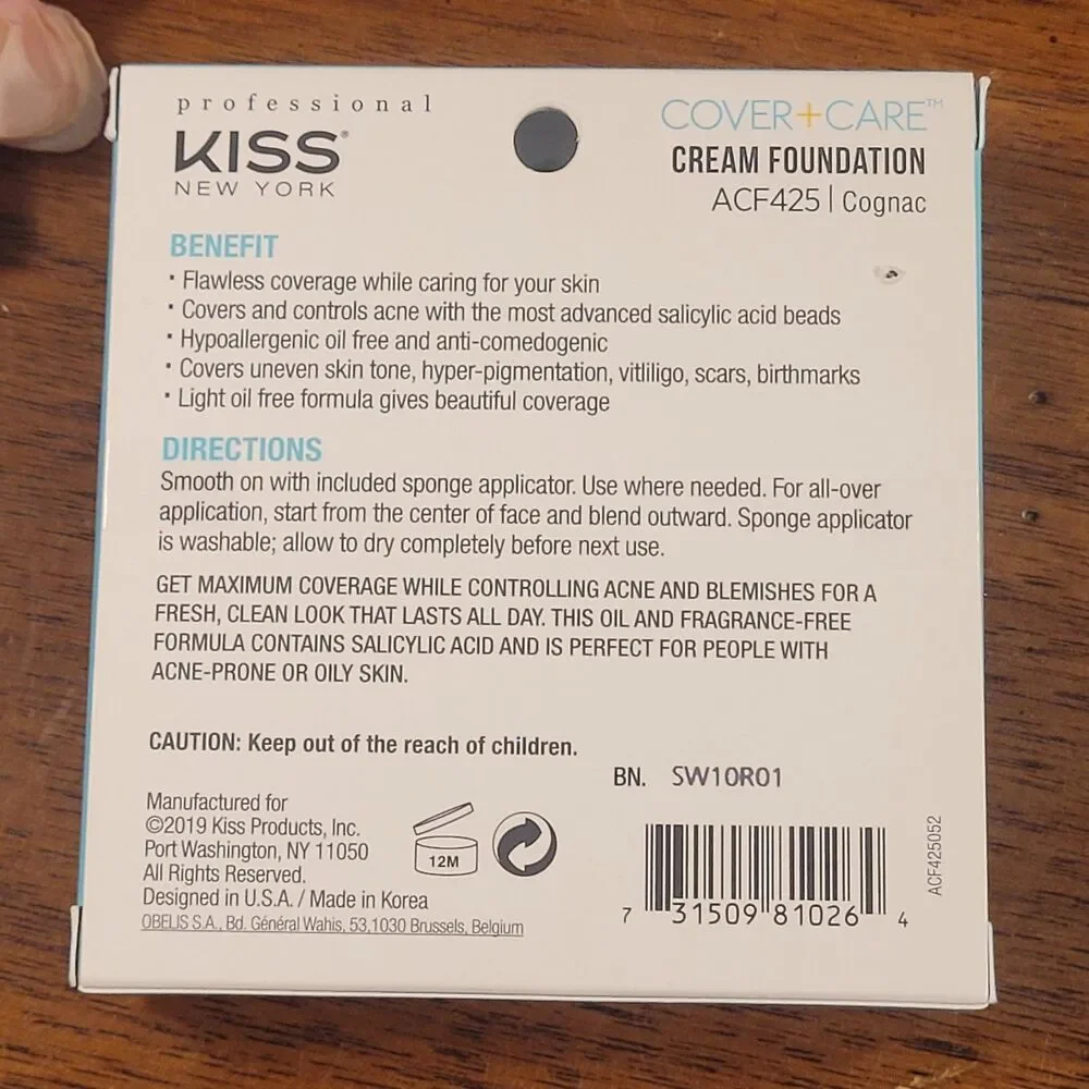 Kiss New York Cover + Care Cream Foundation ACF425 COGNAC Acne Salicylic Acid